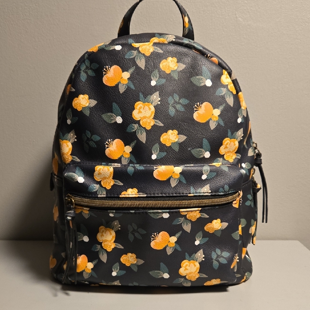 Floral Yellow & Black Print Backpack Purse w/Adjustable Straps LIKE NEW!